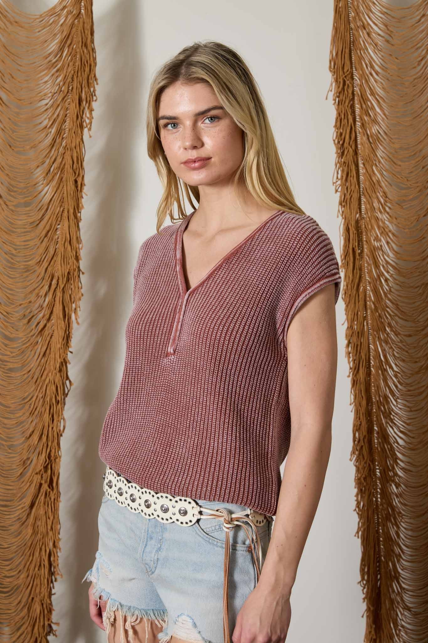 Berry Raw Edge V- Neck Henley Knit Top