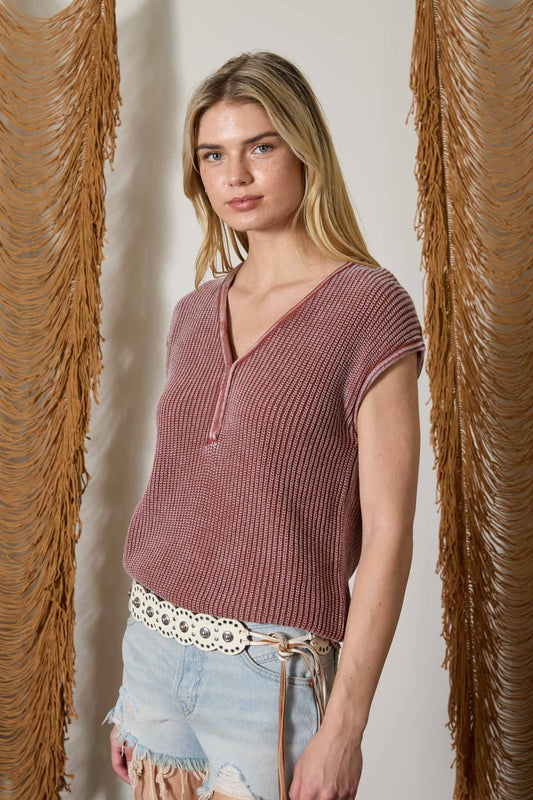 Berry Raw Edge V- Neck Henley Knit Top