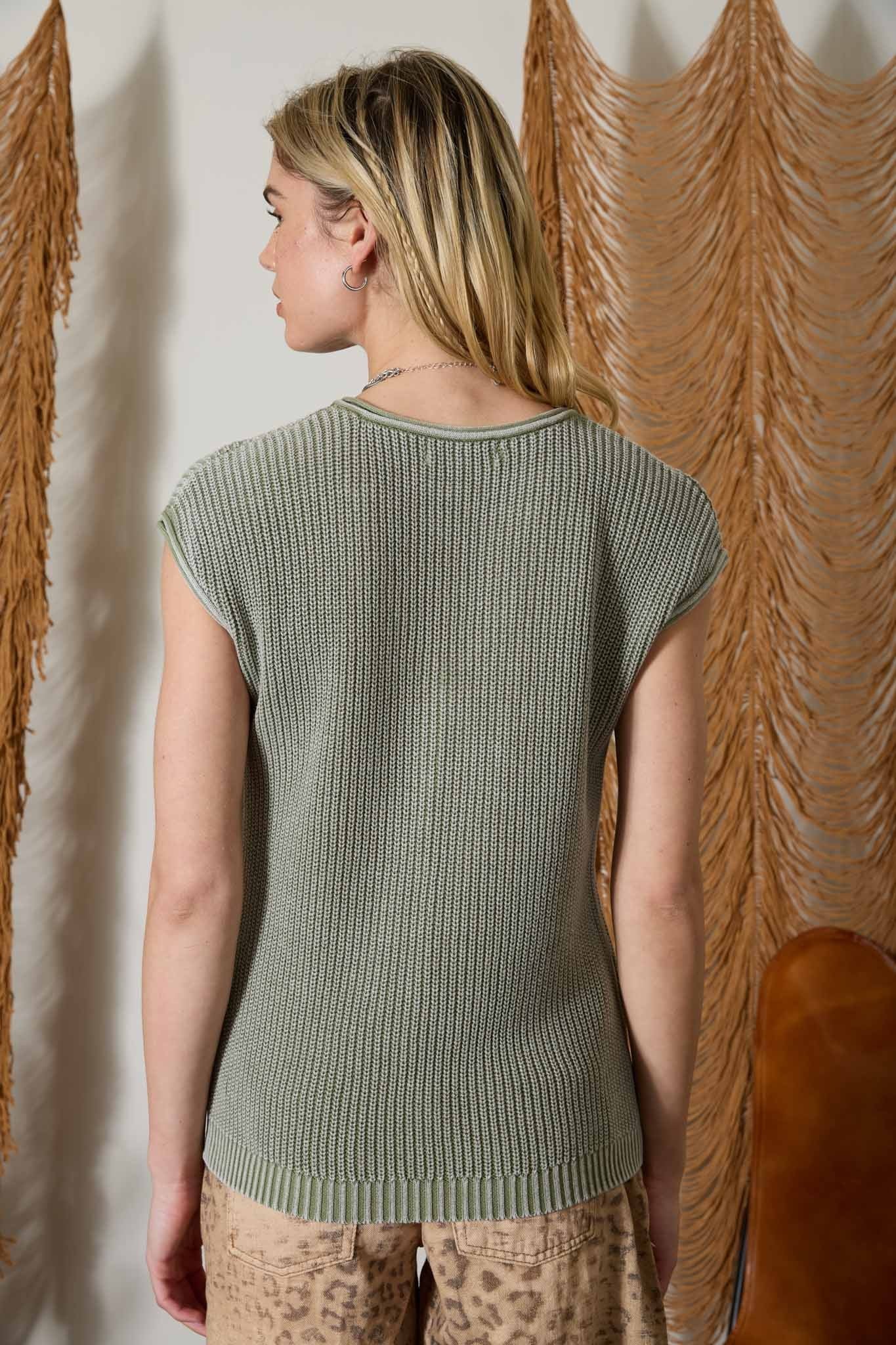 Light Olive Raw Edge V- Neck Henley Knit Top