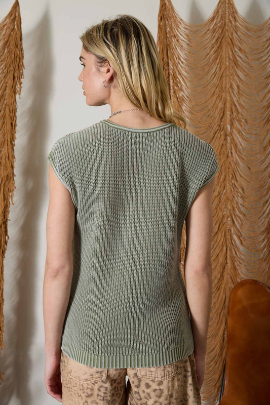 Light Olive Raw Edge V- Neck Henley Knit Top
