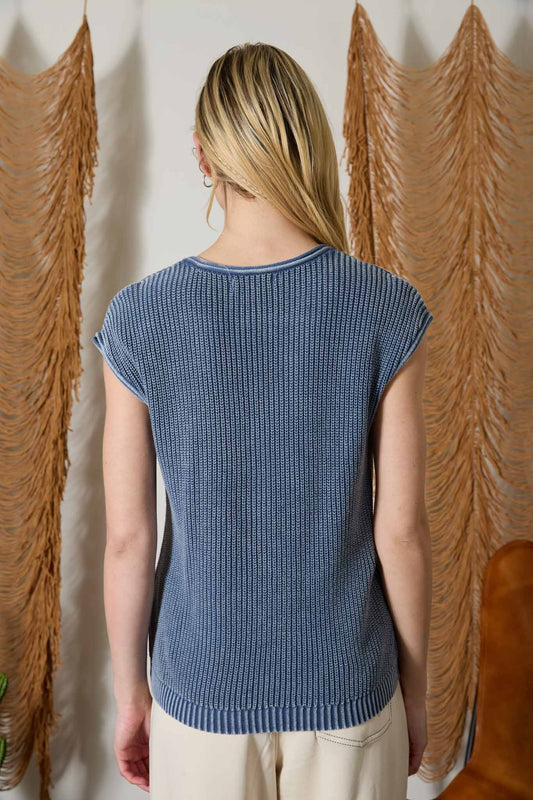 Blue Raw Edge V- Neck Henley Knit Top