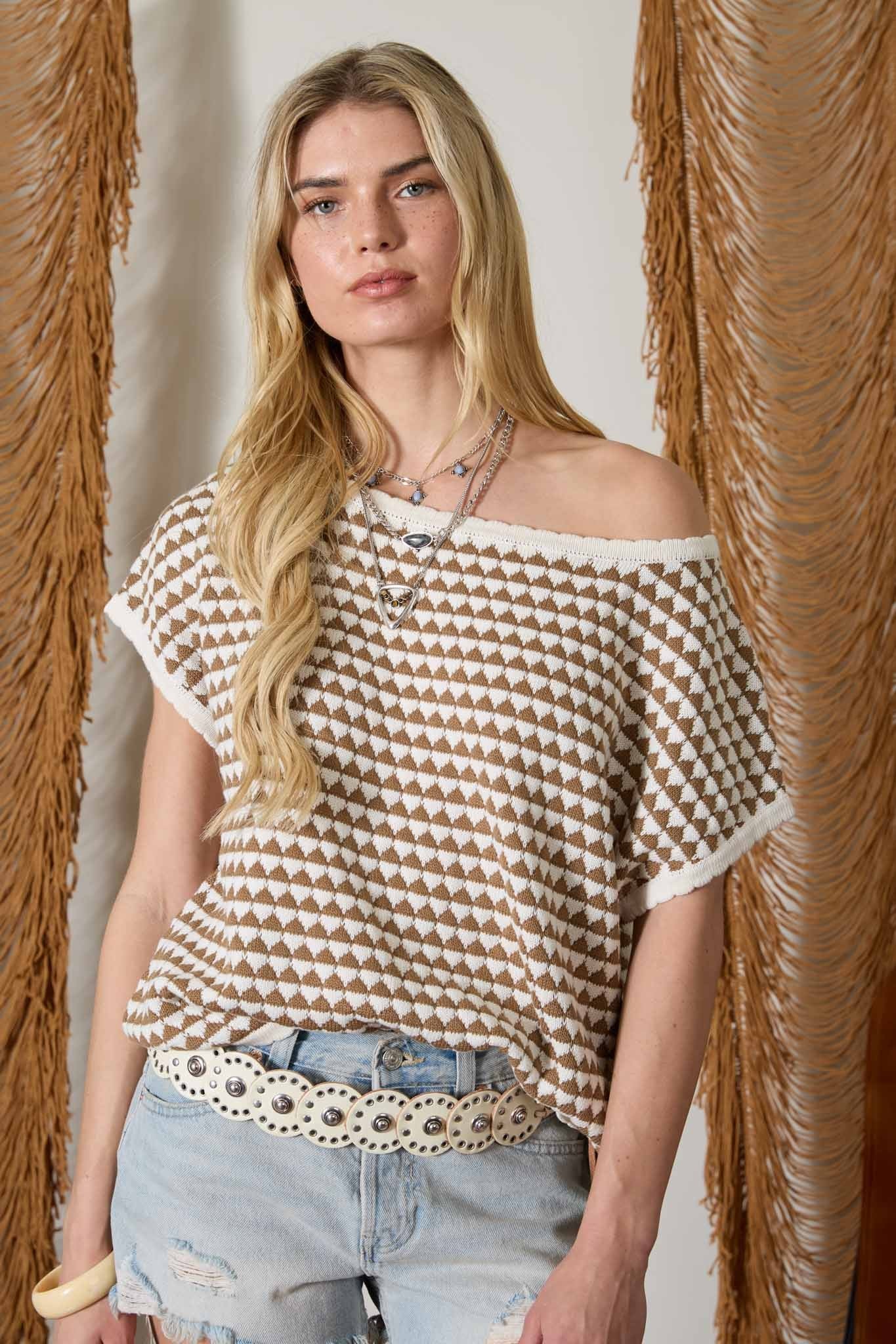 Mocha Geometric Checker Short Sleeve Sweater Top