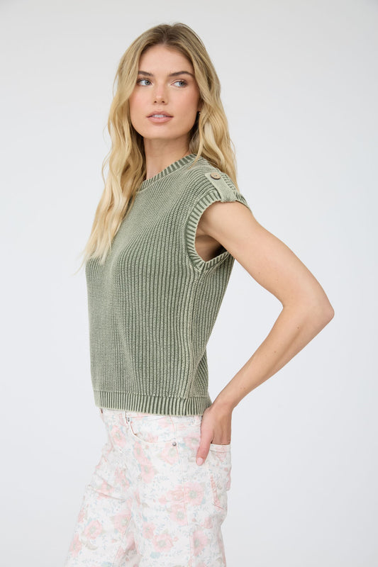 Olive Short Sleeve Sweater w/Button Detail