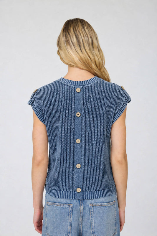 Blue Short Sleeve Sweater w/Button Detail