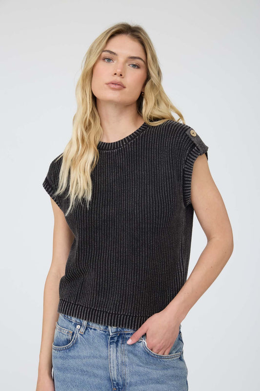 Charcoal Short Sleeve Sweater w/Button Detail