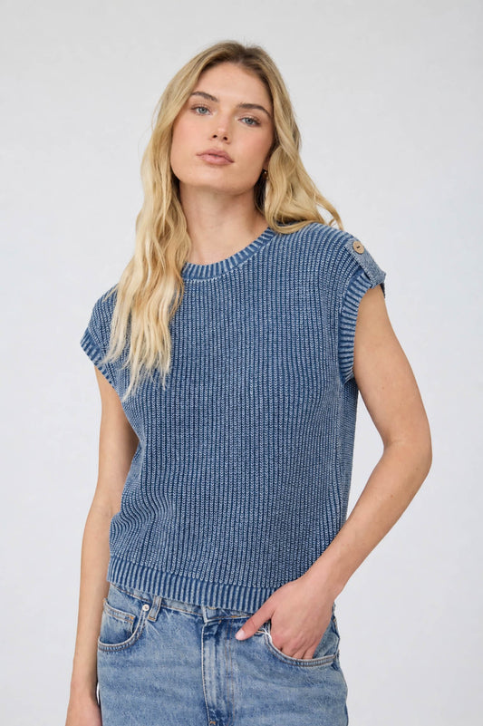 Blue Short Sleeve Sweater w/Button Detail