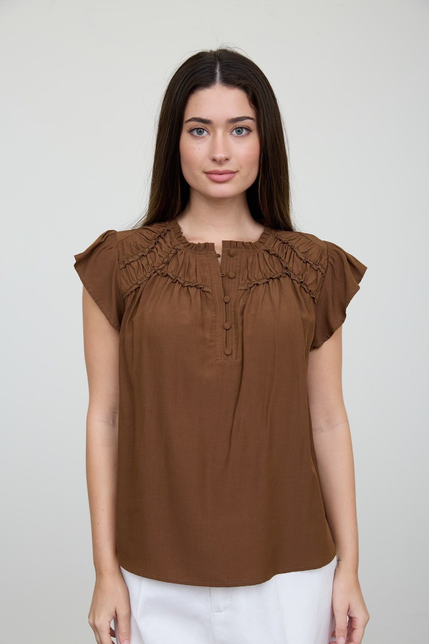 Brown Ruffled Yoke Short Sleeve Henley Blouse