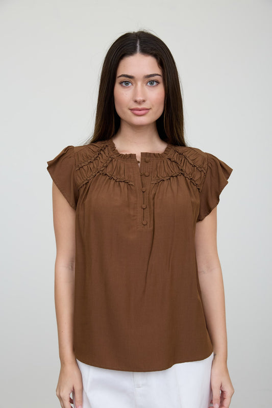 Brown Ruffled Yoke Short Sleeve Henley Blouse