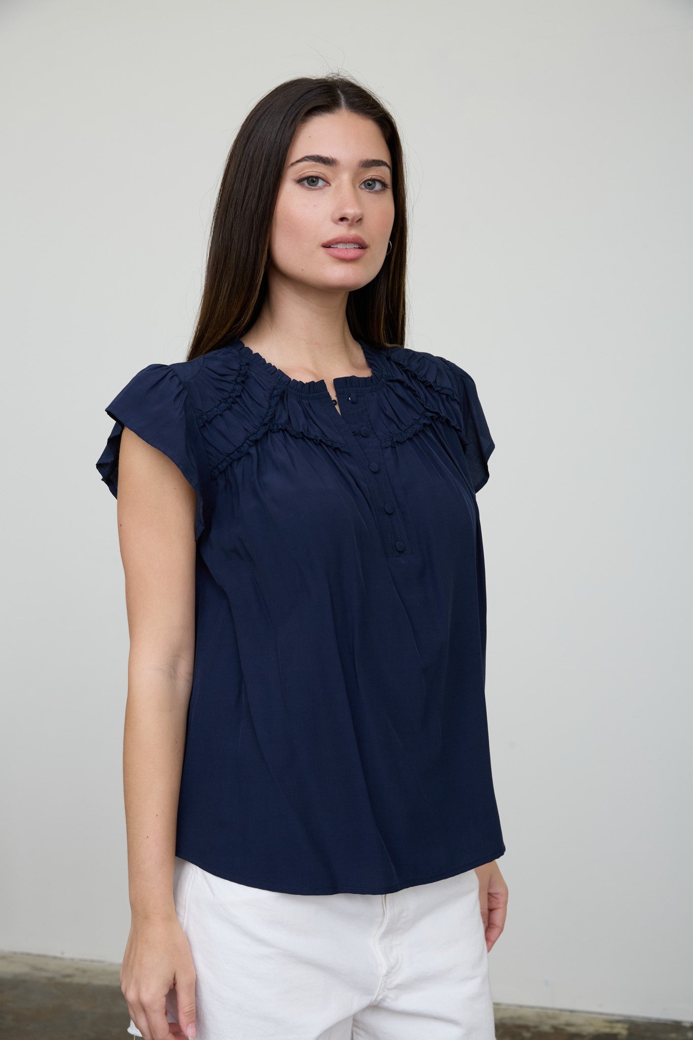 Navy Ruffled Yoke Short Sleeve Henley Blouse