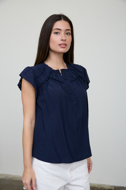 Navy Ruffled Yoke Short Sleeve Henley Blouse
