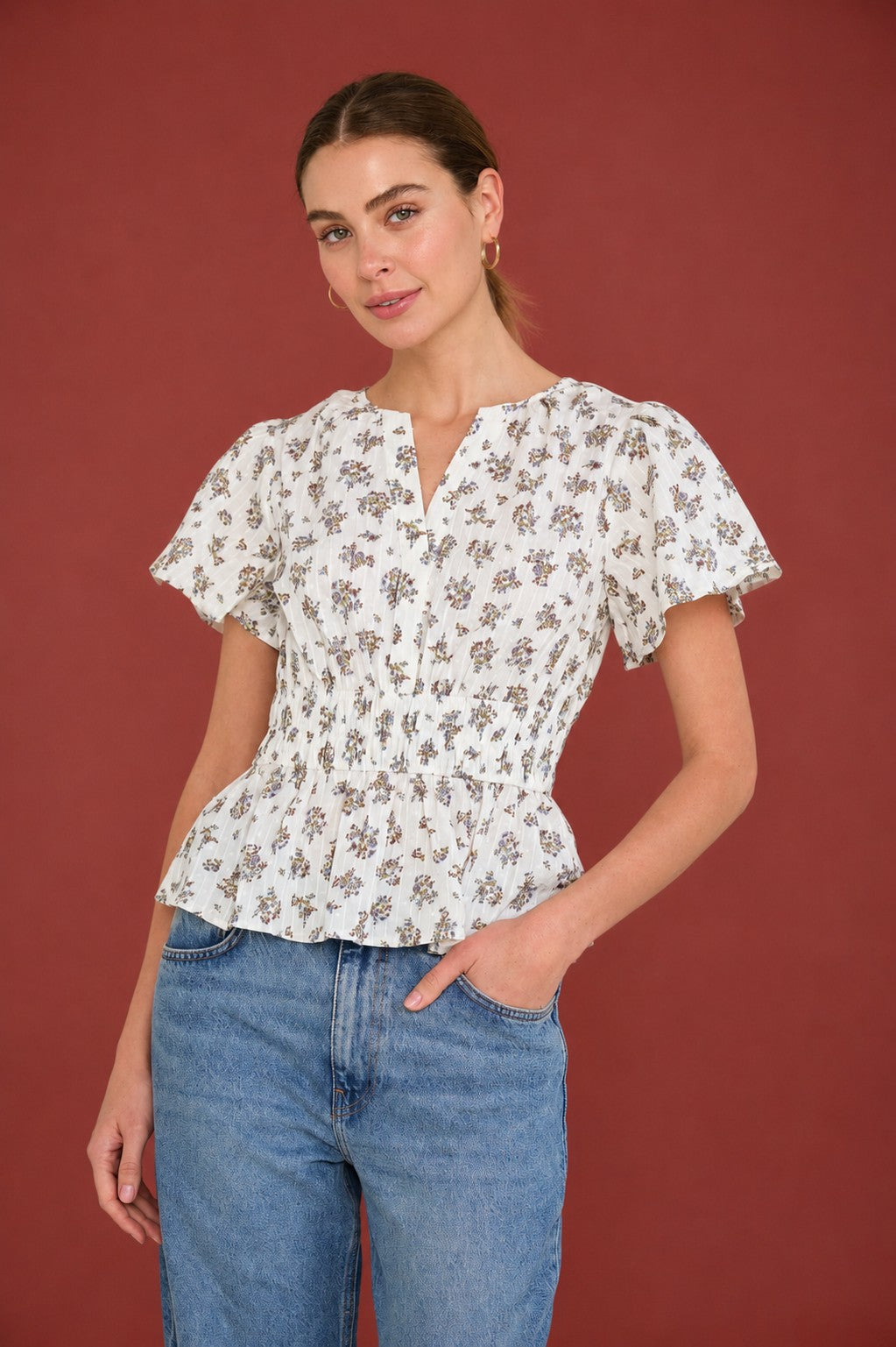 Floral Clip Dot Split Neck Bell Sleeve Top
