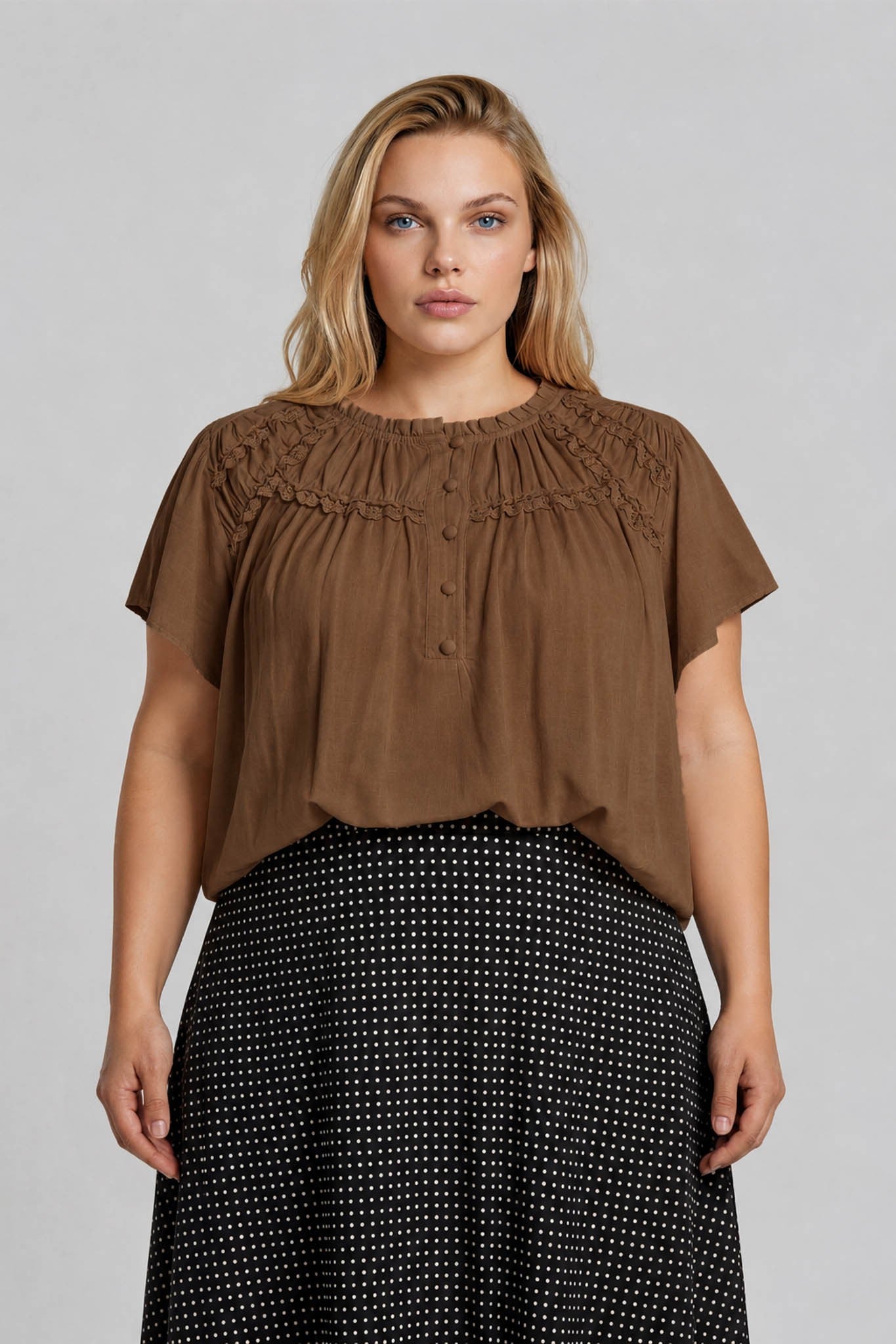Brown Ruffled Yoke Short Sleeve Henley Blouse