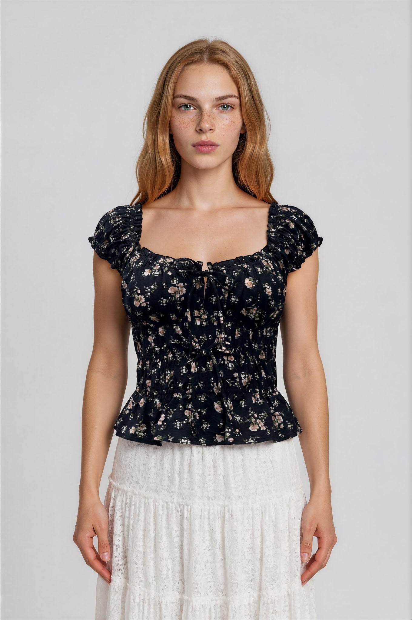 Black Floral Front Tie Shirred Waist Ruffled Top