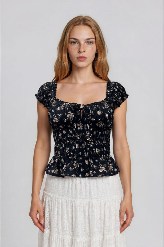Black Floral Front Tie Shirred Waist Ruffled Top
