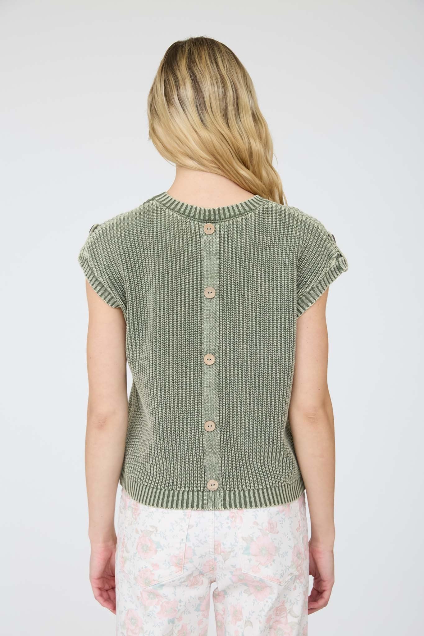 Olive Short Sleeve Sweater w/Button Detail