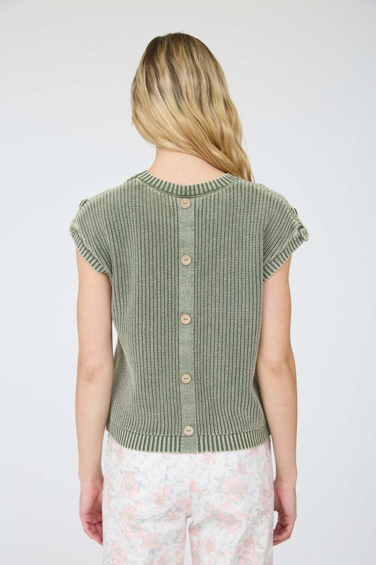 Olive Short Sleeve Sweater w/Button Detail