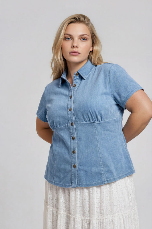 Collared Button Down Cinched Waist Denim Top