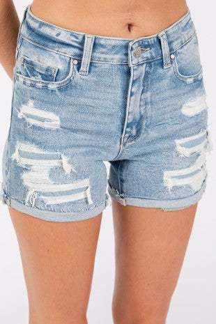 Petra High Rise Distressed Light Washed Cuffed Shorts