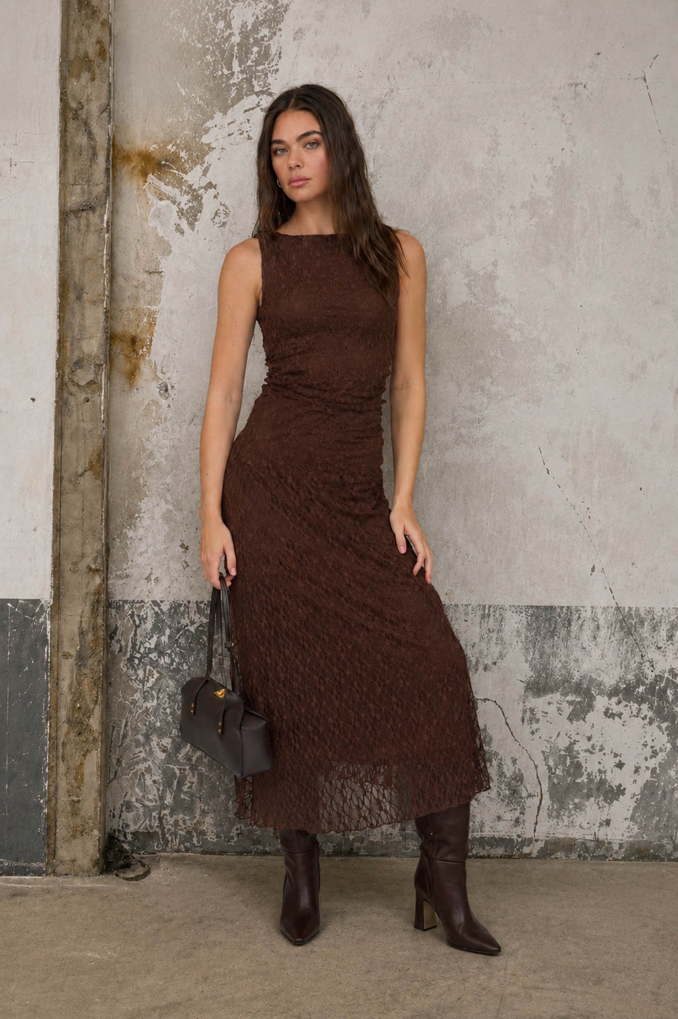 Brown Lace Ruched Detail Tank Midi Dress