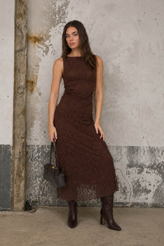 Brown Lace Ruched Detail Tank Midi Dress