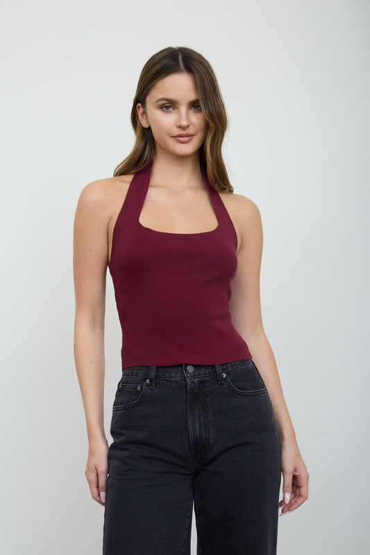 Burgundy Square Halter Neck Sweater Knit Top