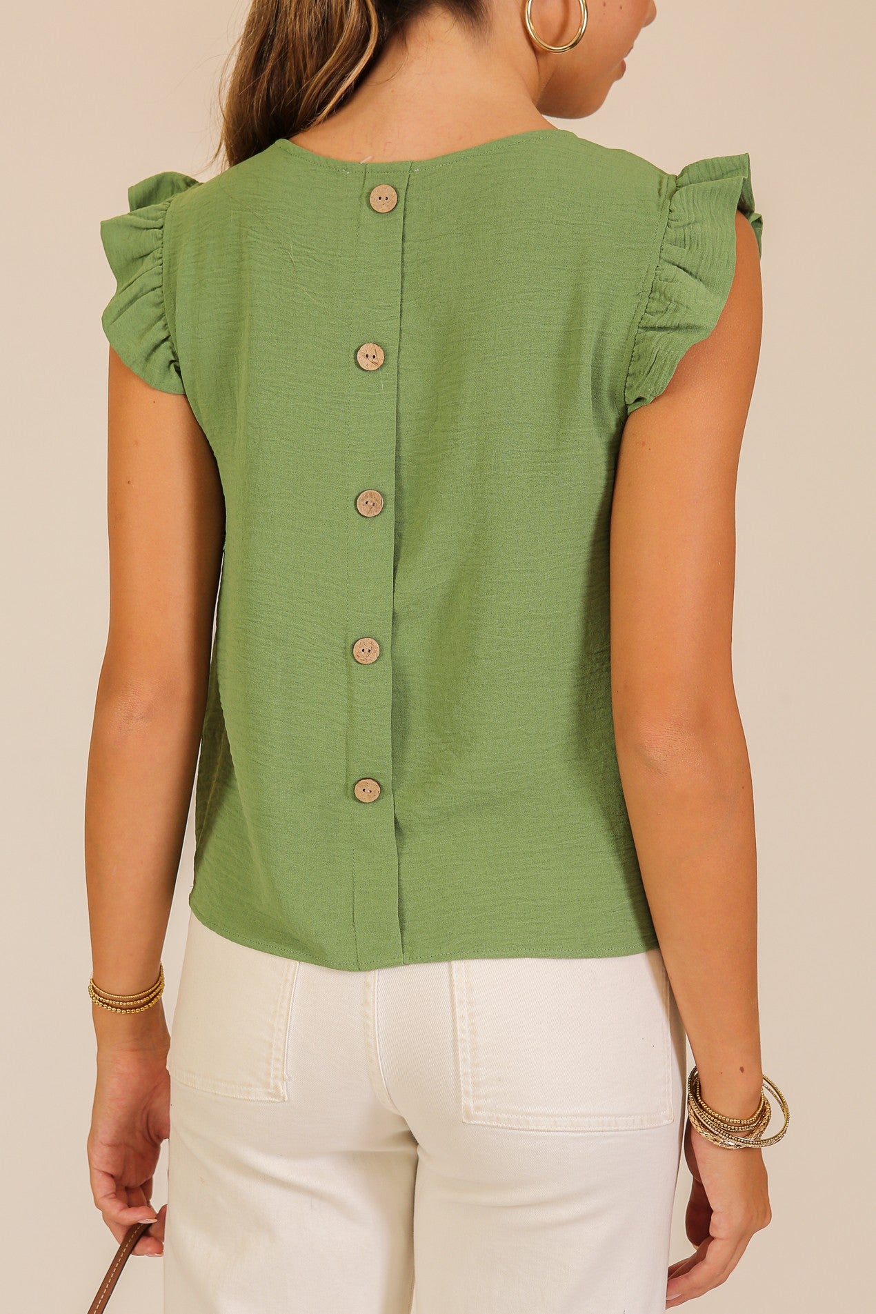 Green Ruffle Sleeve Blouse w/ Button Back