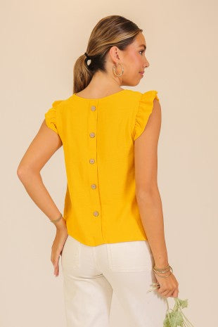 Mustard Ruffle Sleeve Blouse w/ Button Back