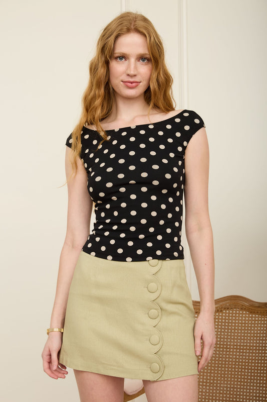 Black Polka Dot Boat Neck Seamless Knit Top