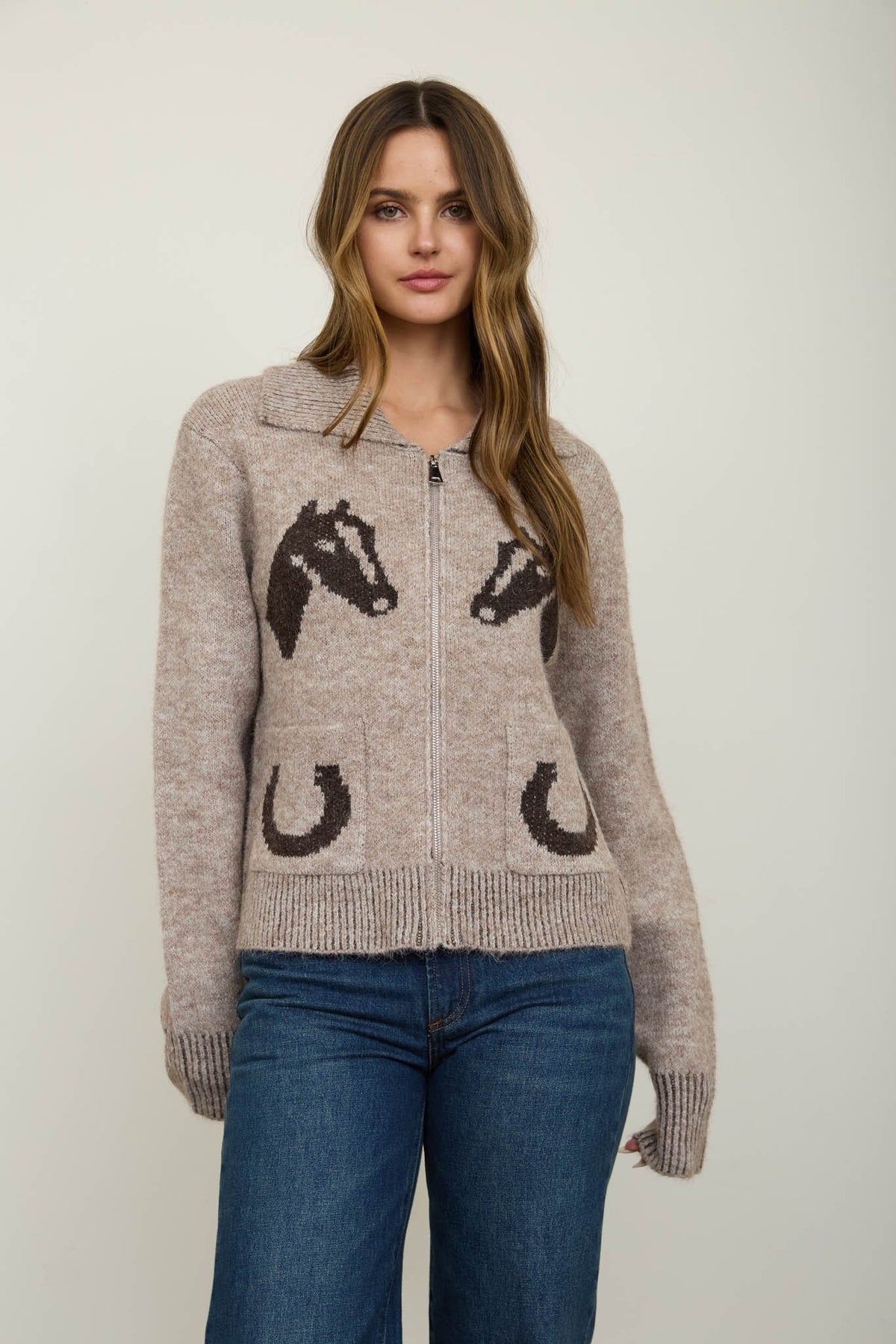 Brown Western Collared Zip Up Cardigan
