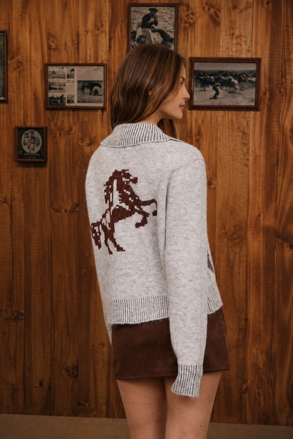 Grey Western Collared Zip Up Cardigan