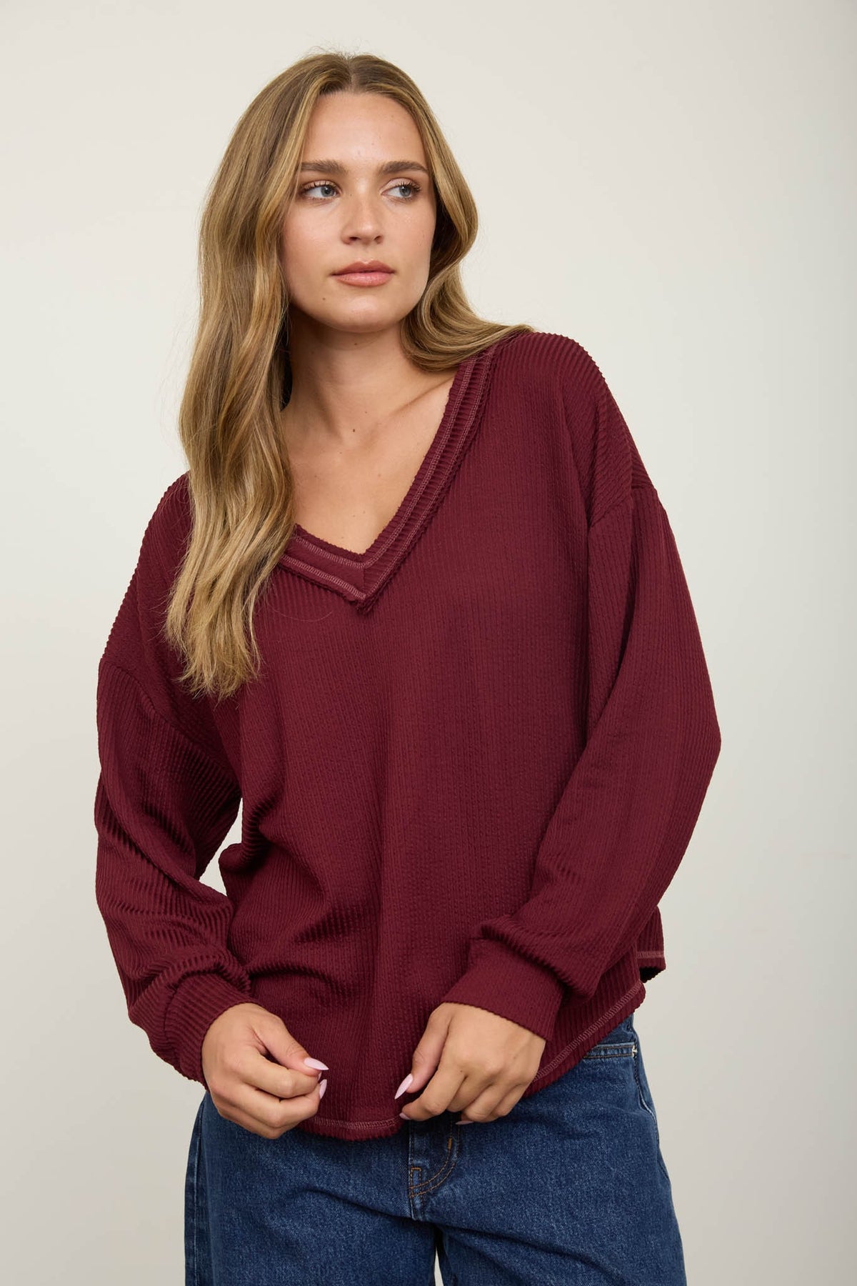 Burgundy Raw Edge V-neck Long Sleeve Textured Knit Top