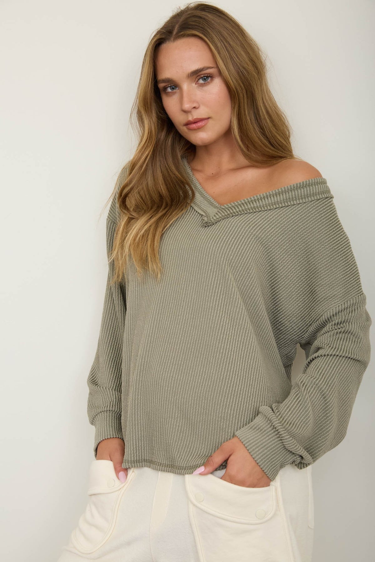 Olive Raw Edge V-neck Long Sleeve Textured Knit Top