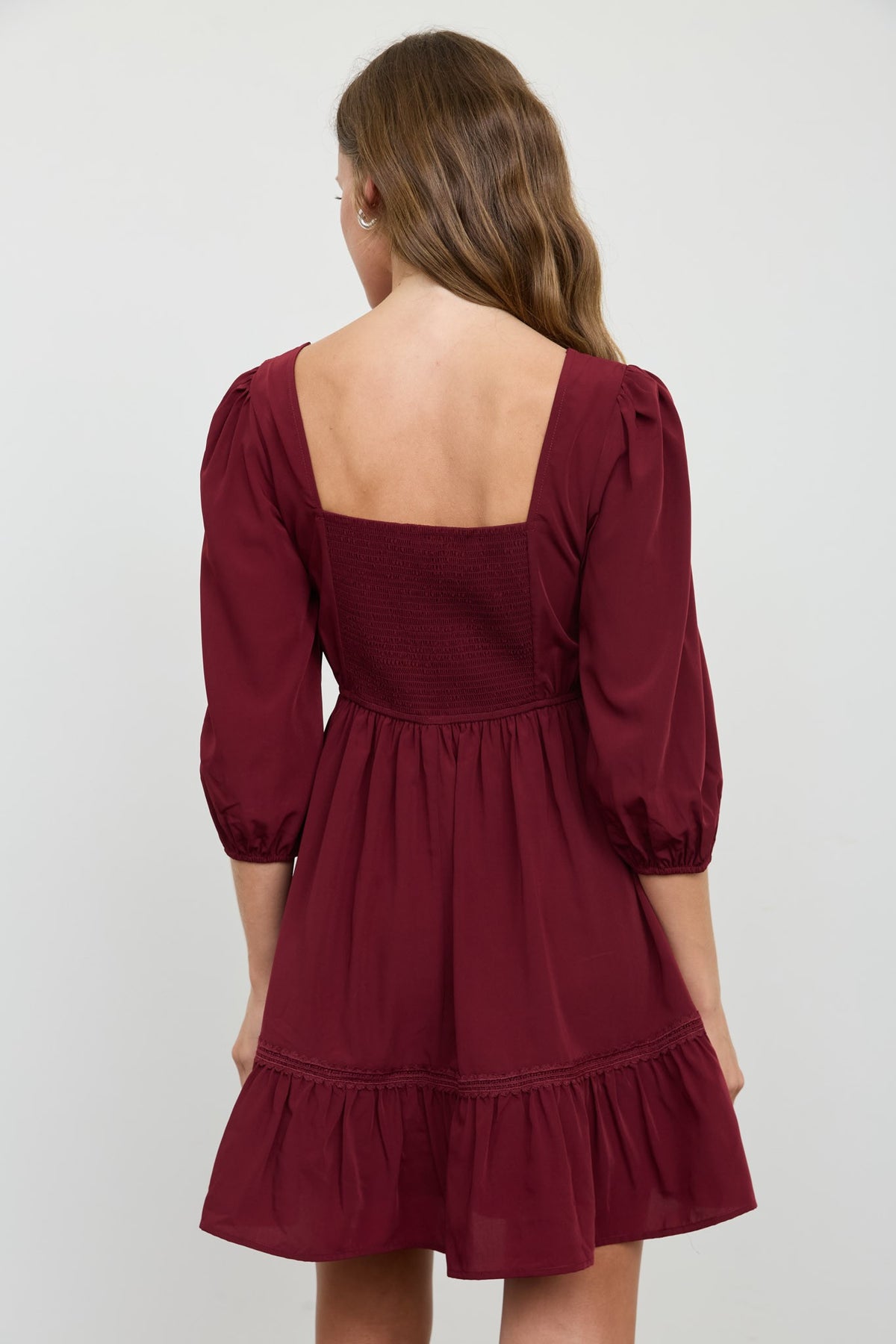 Burgundy 3/4 Sleeve Lace Trim Square Neck Mini Dress
