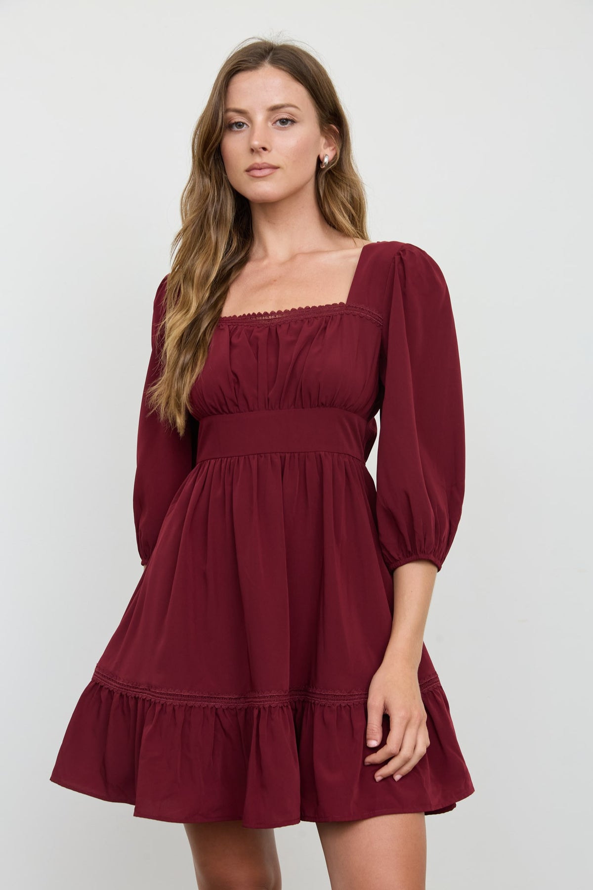 Burgundy 3/4 Sleeve Lace Trim Square Neck Mini Dress