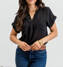 Load image into Gallery viewer, Black V-Neck Blouse w/ Cuffed Sleeve &amp; Button Back