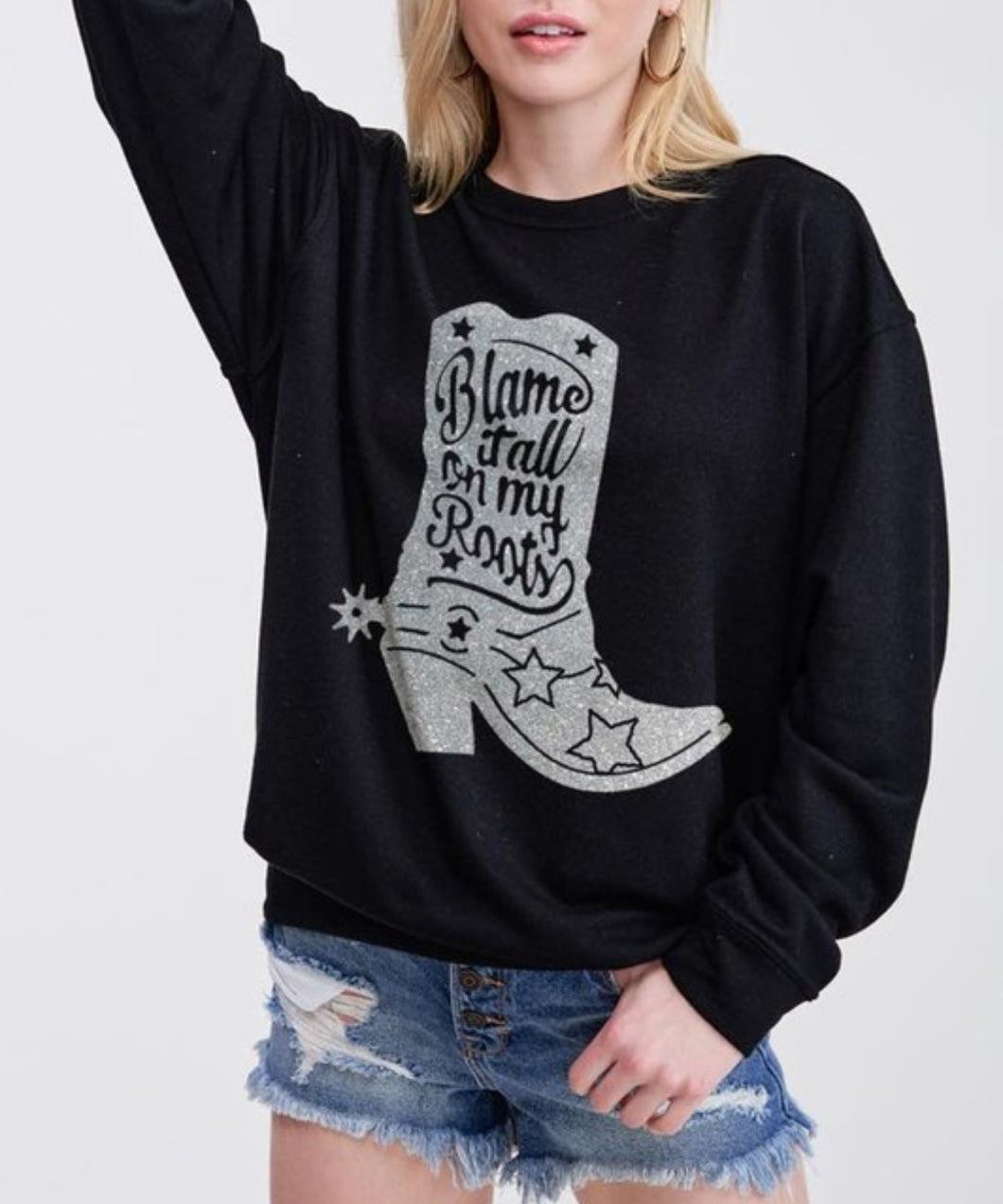 Black Glitter Cowboy Boot Graphic Top