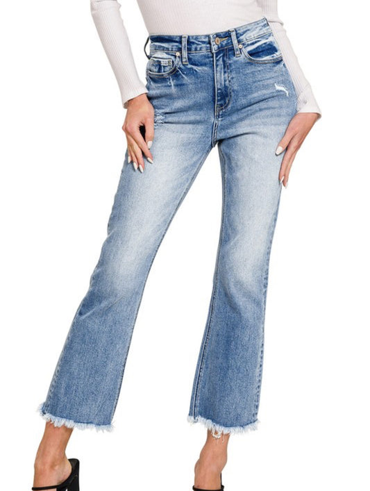 Light Wash High Rise Raw Hem Cropped Jeans By Zenana
