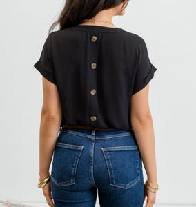 Black V-Neck Blouse w/ Cuffed Sleeve & Button Back