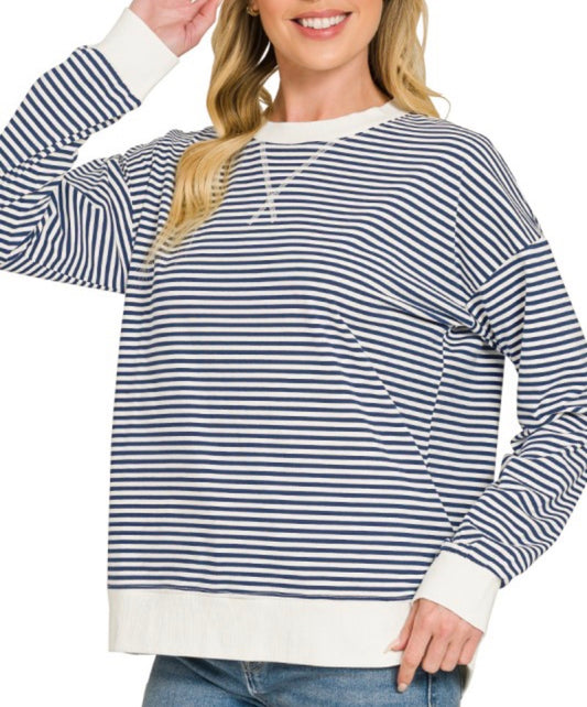 Navy Striped Rib Pullover Top