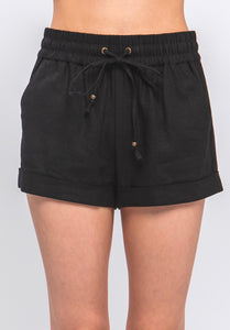 Black Linen Mid Rise Drawstring Shorts