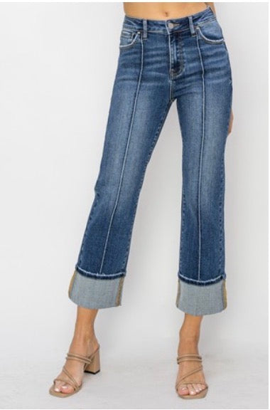 Risen High Rise Straight Seamed Jeans w/ Wide Cuff