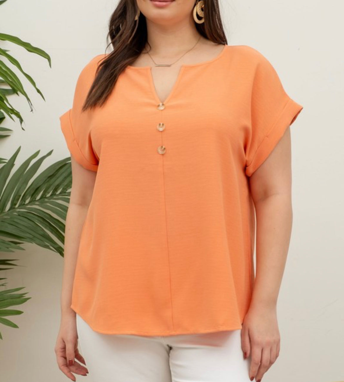 Orange Cuffed Sleeved Top with Button Detail