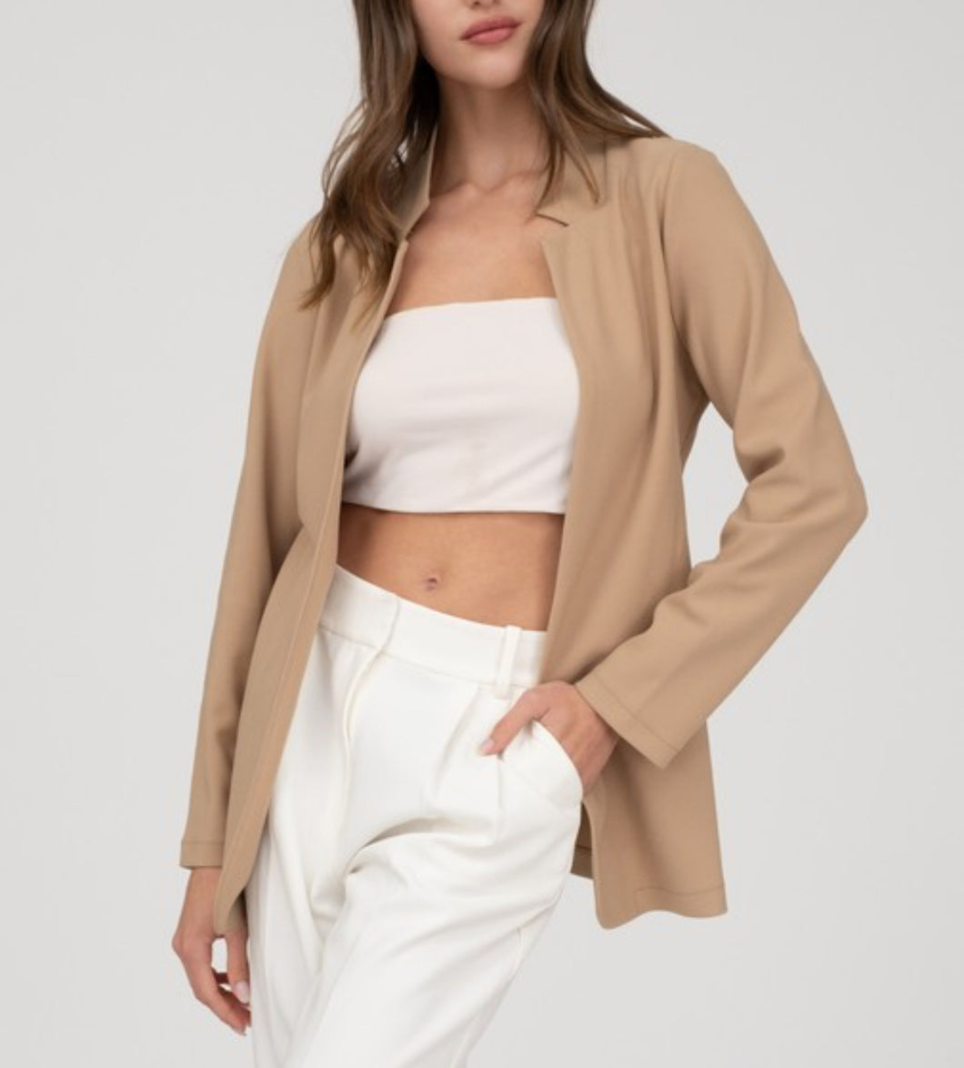 Khaki Long Line Blazer with Notched Collar