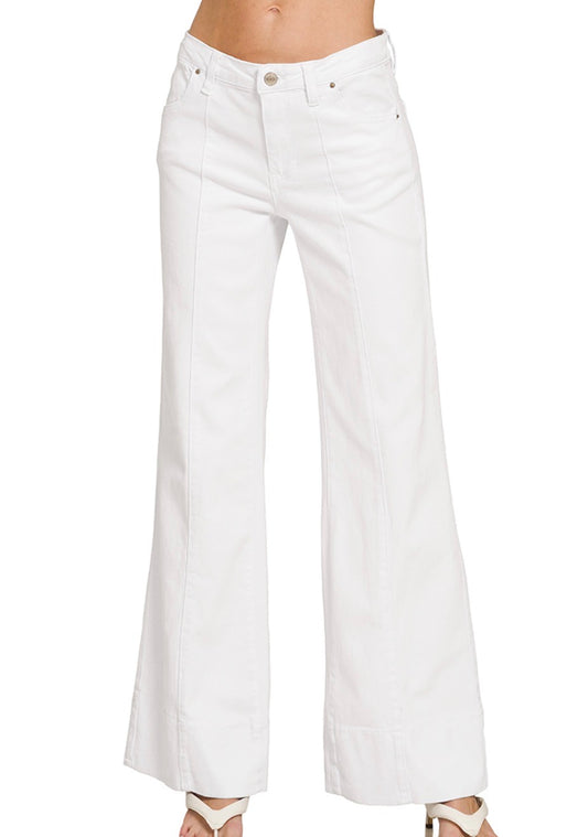 White Mid Rise Wide Leg Color Denim Pants