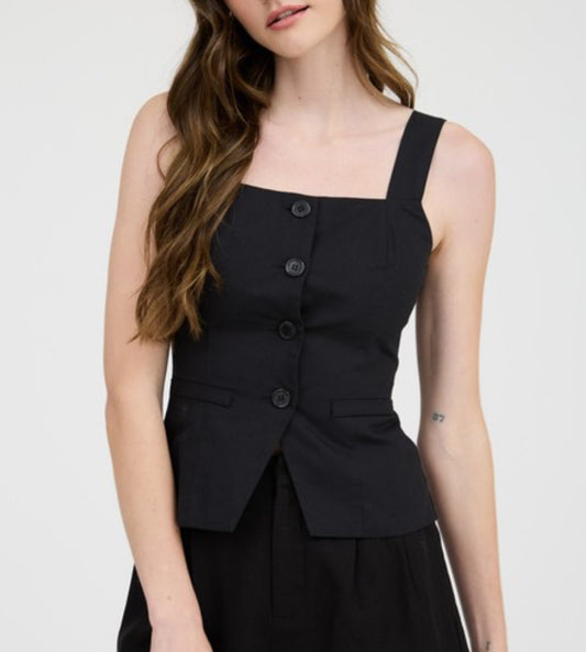 Black Square Sleeveless Button Down Blouse