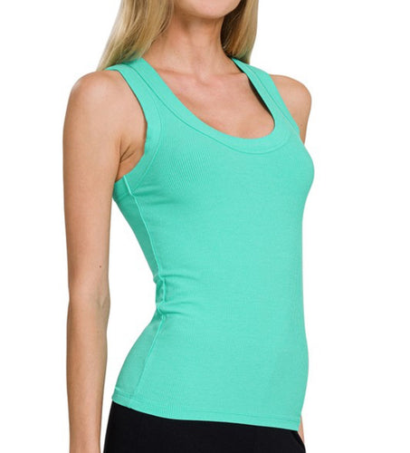 Turquoise Scoop Neck Ribbed Tanks