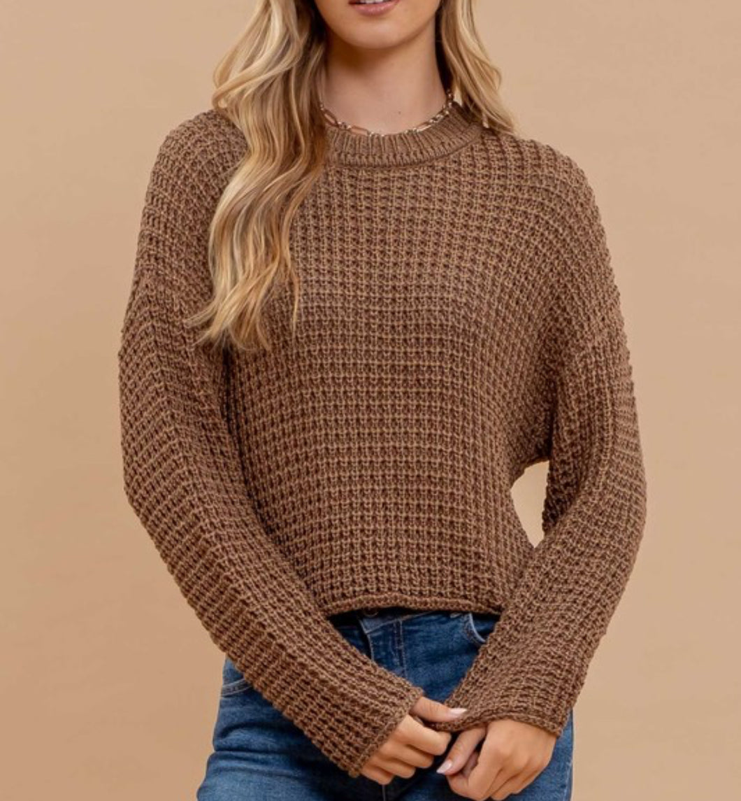 Mocha Crew Neck Crochet Knit Sweater