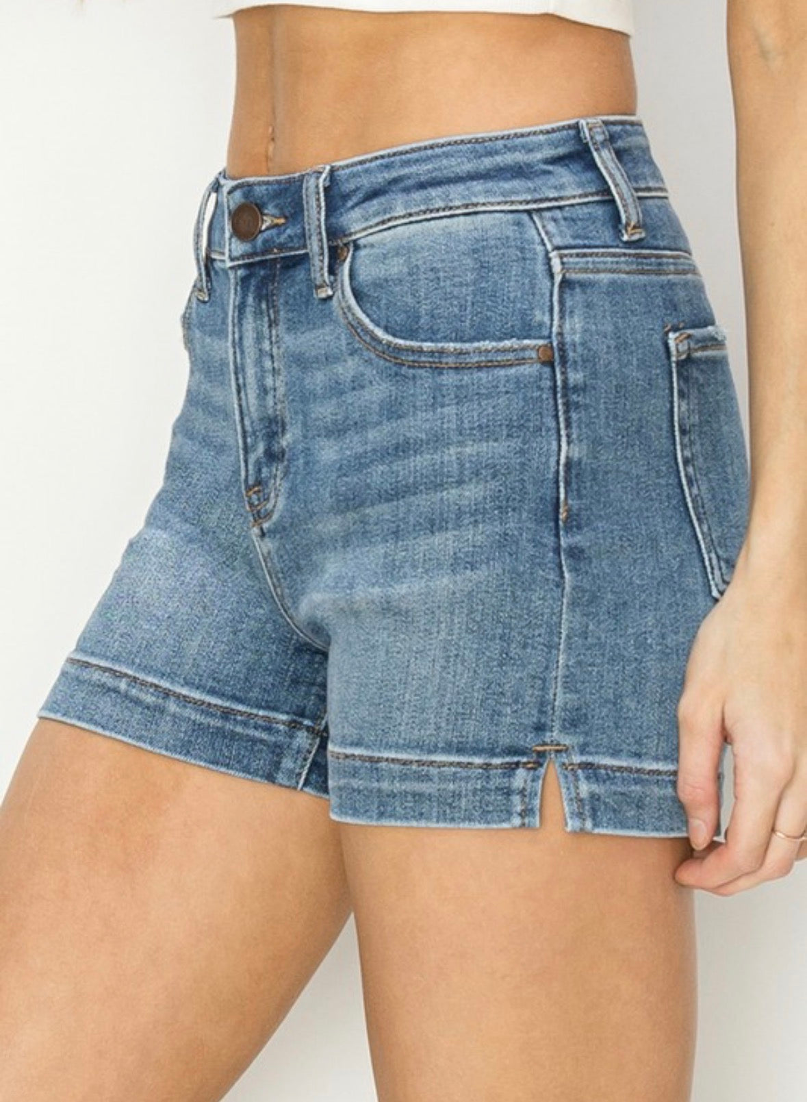 Risen High Rise Mid Wash Side Slit Shorts