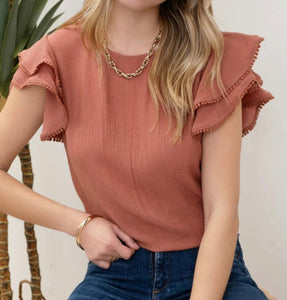 Dark Sienna Ruffle Blouse w/ Pom Detail Sleeve