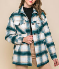 Load image into Gallery viewer, Teal Blue Plaid Sherpa Lined Shacket w/Pockets